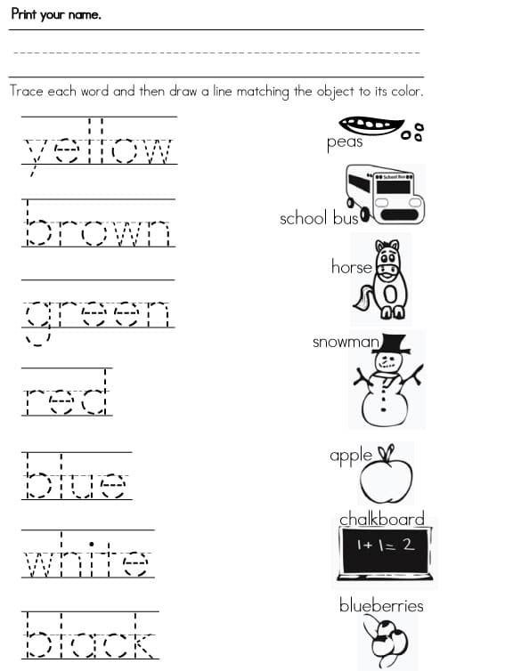 Color Word Recognition Worksheets