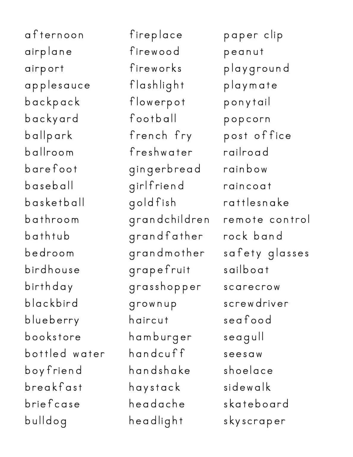 Compound Words - our list contains over 500 words