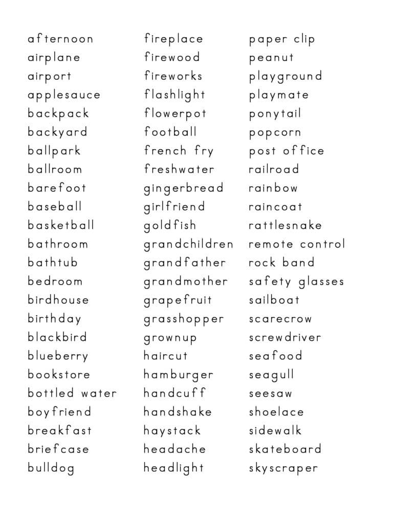 Compound Words - our list contains over 500 words