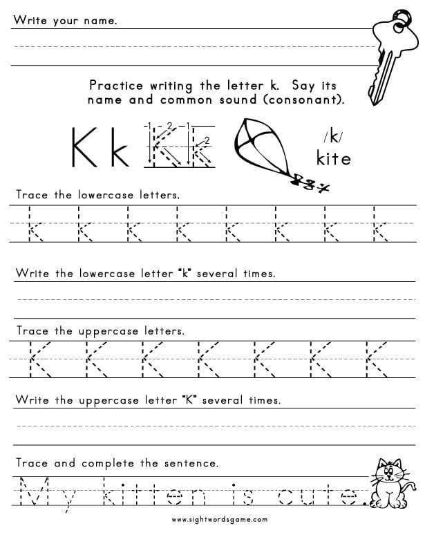 the letter k sight words reading writing spelling worksheets