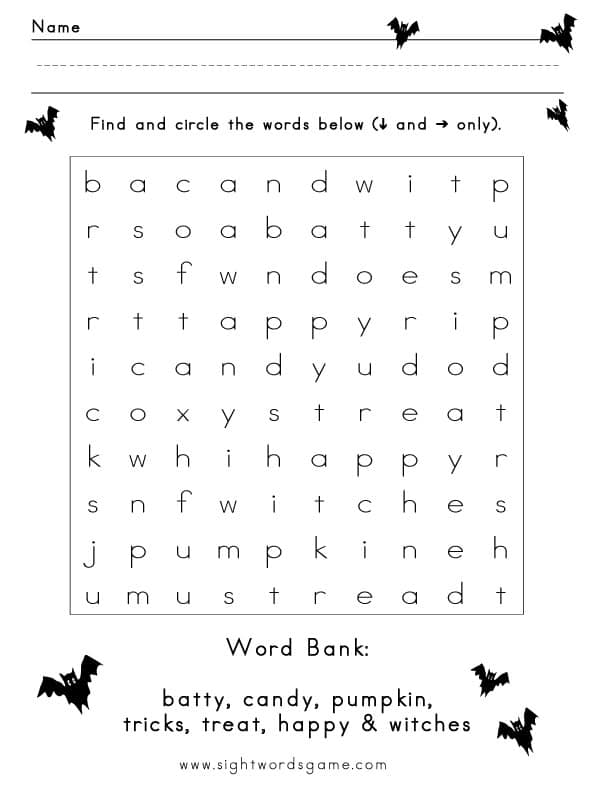 Halloween Games Easy Word Search Sight Words Reading Writing 